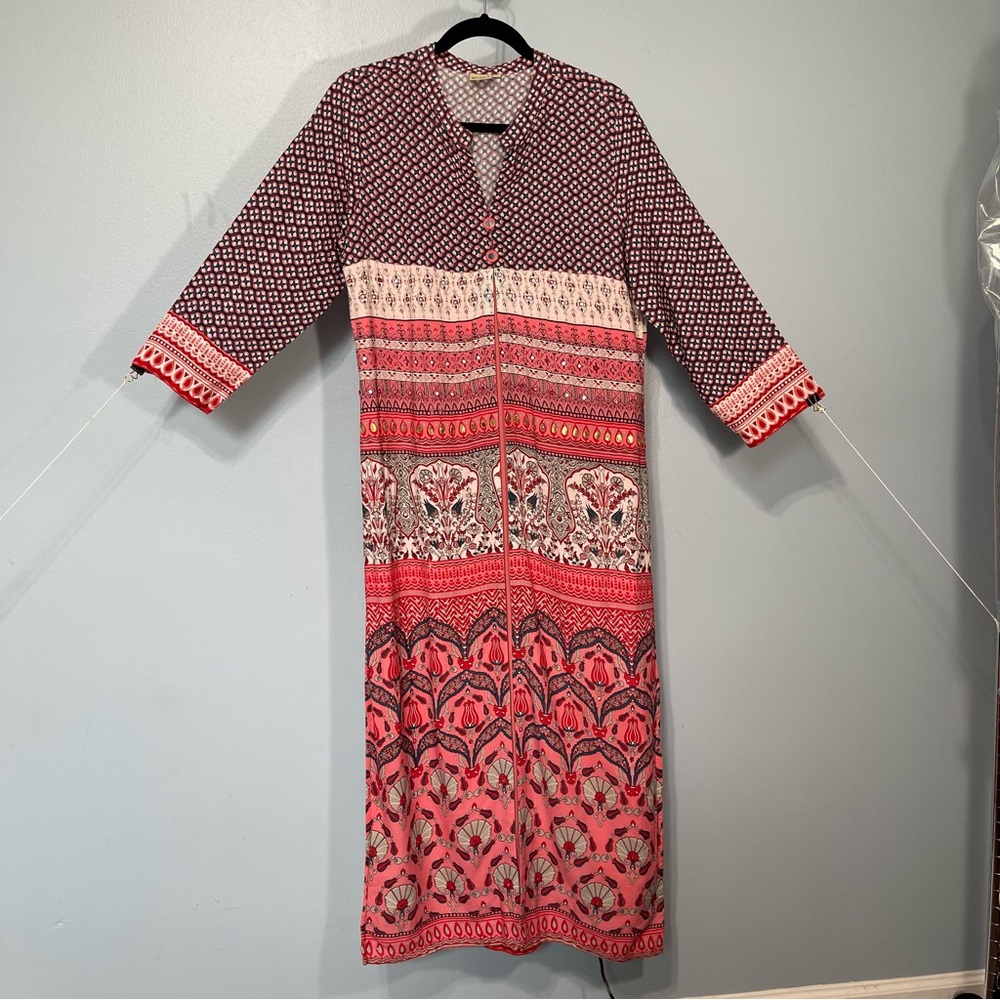 Neerus Maxi Kaftan Dress Women Size L Floral Metalic Open Front.